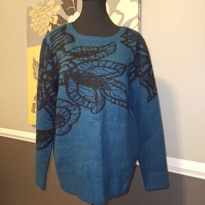 Liz Claiborne Teal Sweater with Black Leaf Design